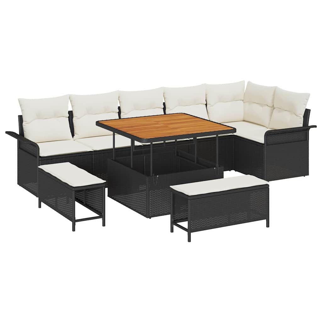 vidaXL Σετ καναπέ κήπου 9 κομματιών με μαξιλάρια Μαύρο συνθετικό ρατάν Ακακία