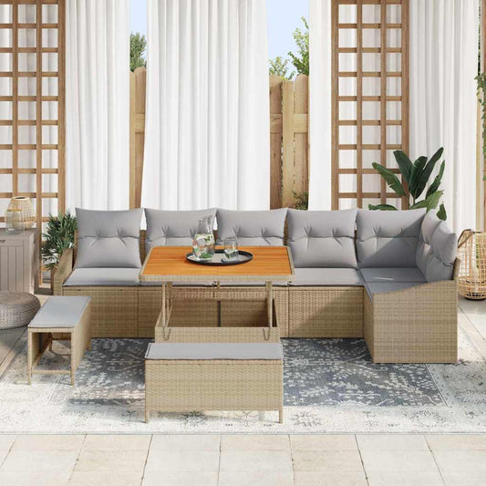 vidaXL Σετ Καναπέ Κήπου με μαξιλάρι 9 pcs Μπεζ Πολυ ράταν