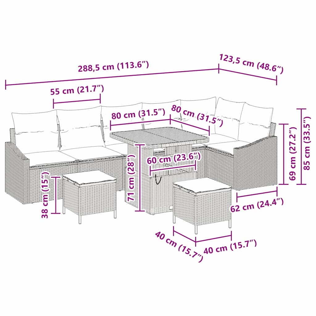 vidaXL Σετ Καναπέ Κήπου με μαξιλάρι 9 pcs Μαύρο Πολυ ράταν