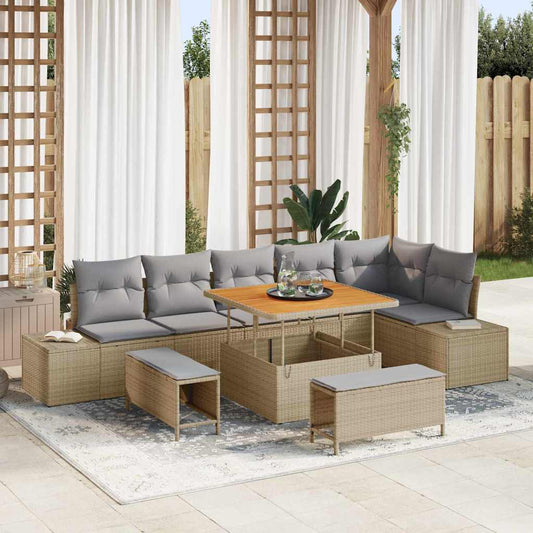 vidaXL Σετ Καναπέ Κήπου με μαξιλάρι 9 pcs Μπεζ Πολυ ράταν