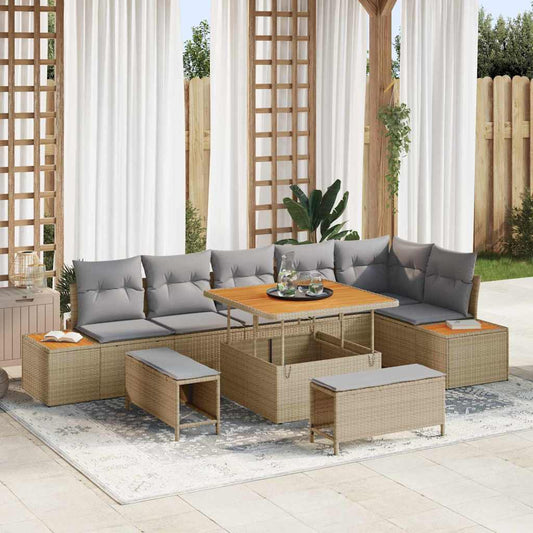 vidaXL Σετ Καναπέ Κήπου με μαξιλάρι 9 pcs Μπεζ Πολυ ράταν