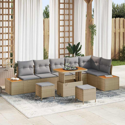 vidaXL Σετ Καναπέ Κήπου με μαξιλάρι 9 pcs Μπεζ Πολυ ράταν