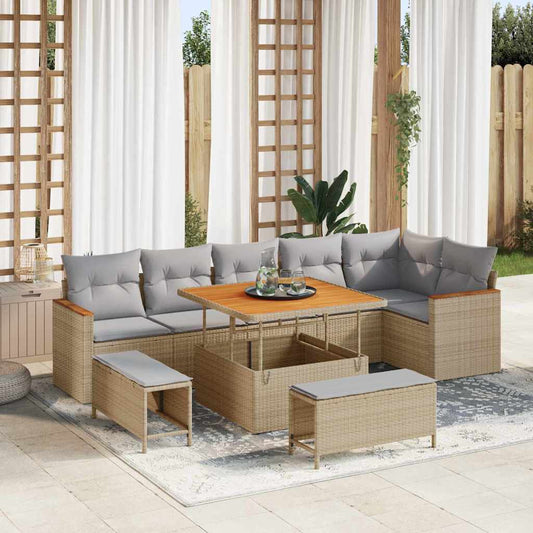 vidaXL Σετ Καναπέ Κήπου με μαξιλάρι 9 pcs Μπεζ Πολυ ράταν