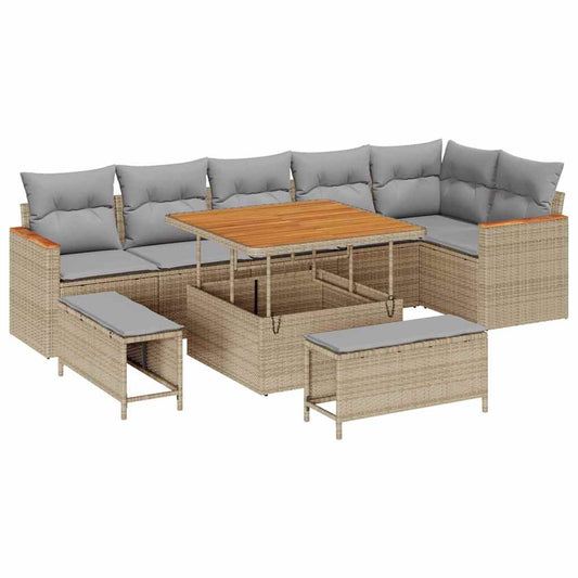 vidaXL Σετ Καναπέ Κήπου με μαξιλάρι 9 pcs Μπεζ Πολυ ράταν