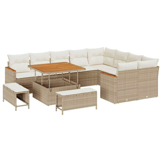 vidaXL Σετ Καναπέ Κήπου με μαξιλάρι 12 pcs Μπεζ Πολυ ράταν