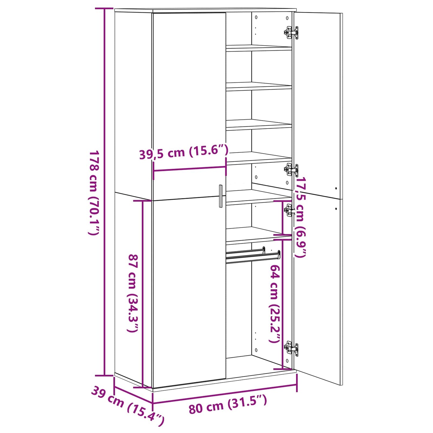 vidaXL Highboard 80 x 39 x 178 εκ Επεξεργασμένο Ξύλο Μαύρη Δρυς