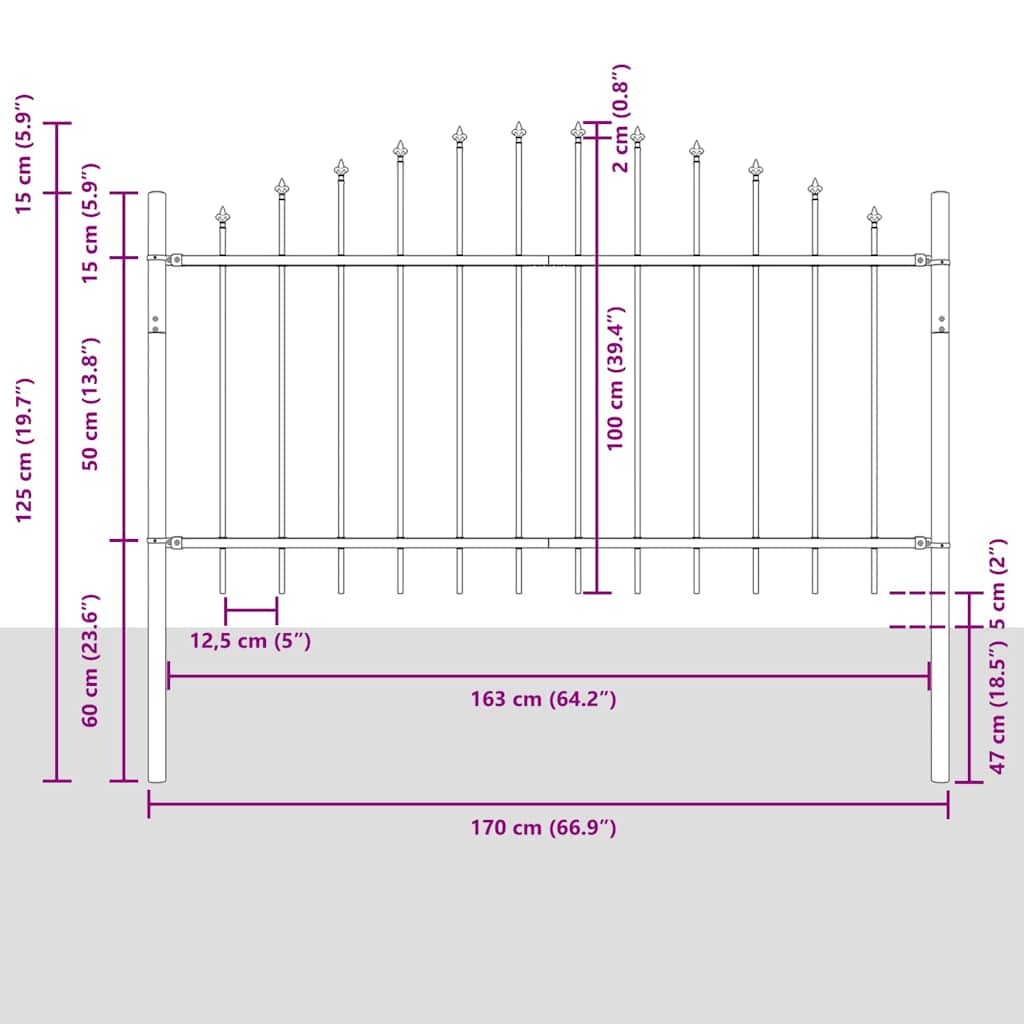 Φράχτης κήπου vidaXL με στρογγυλή κορυφή, γκρι, 11,9x1 μ, χάλυβας