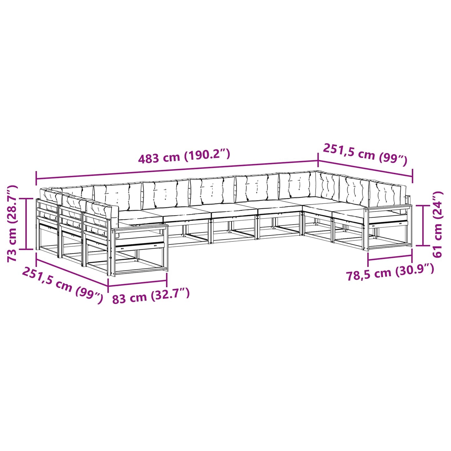 vidaXL Σειρά Καναπέ Εξωτερικού με μαξιλάρι 10 pcs Φυσικό και Ανθρακί