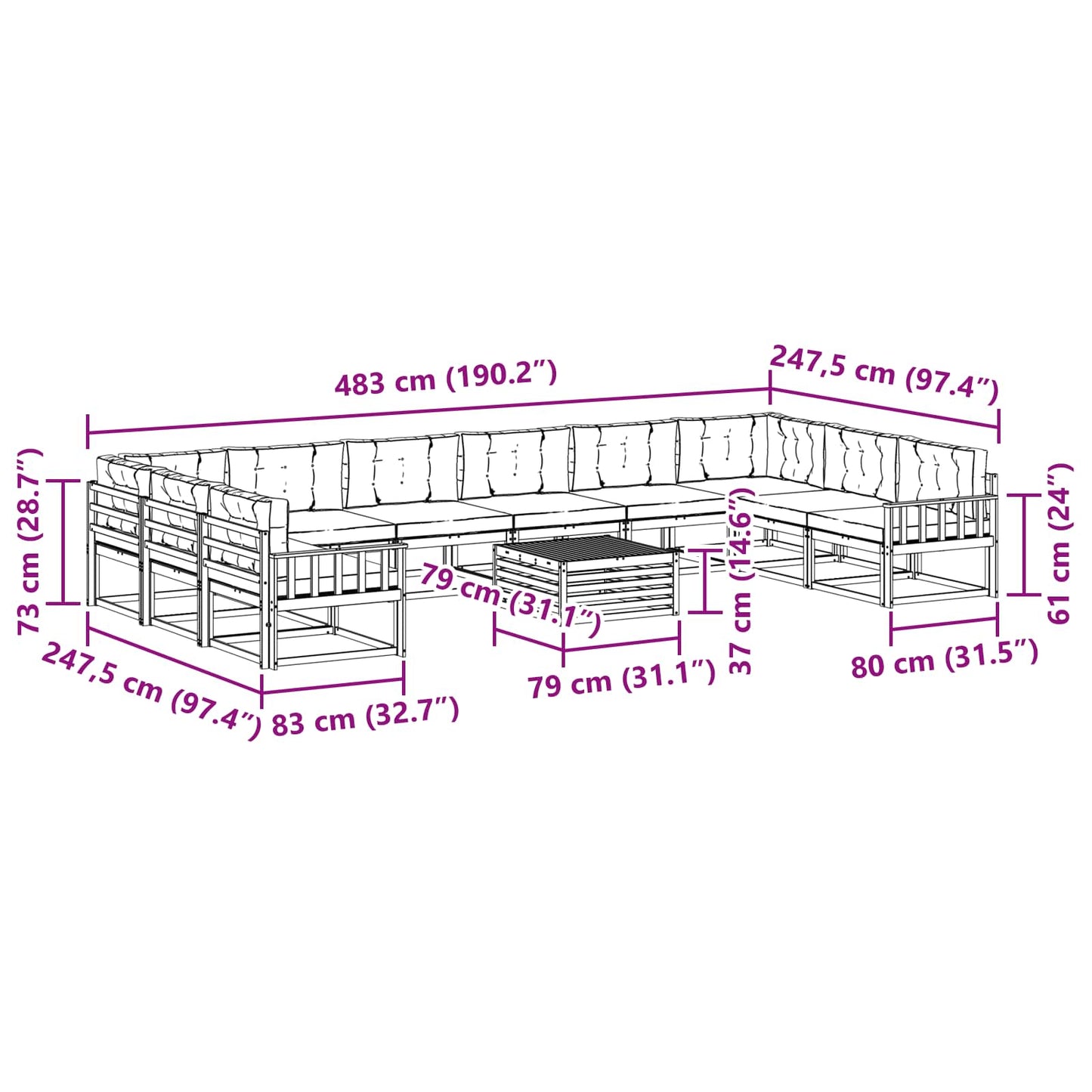 vidaXL Σειρά Καναπέ Εξωτερικού με μαξιλάρι 11 pcs Φυσικό και Ανθρακί