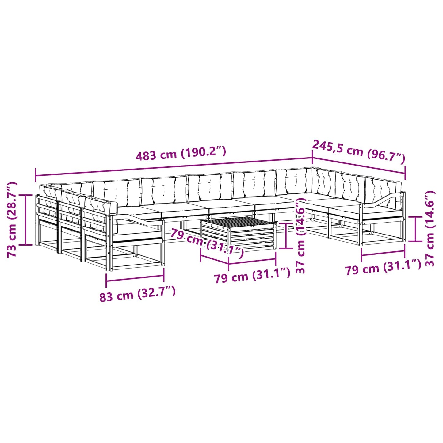 vidaXL Σειρά Καναπέ Εξωτερικού με μαξιλάρι 11 pcs Φυσικό και Ανθρακί
