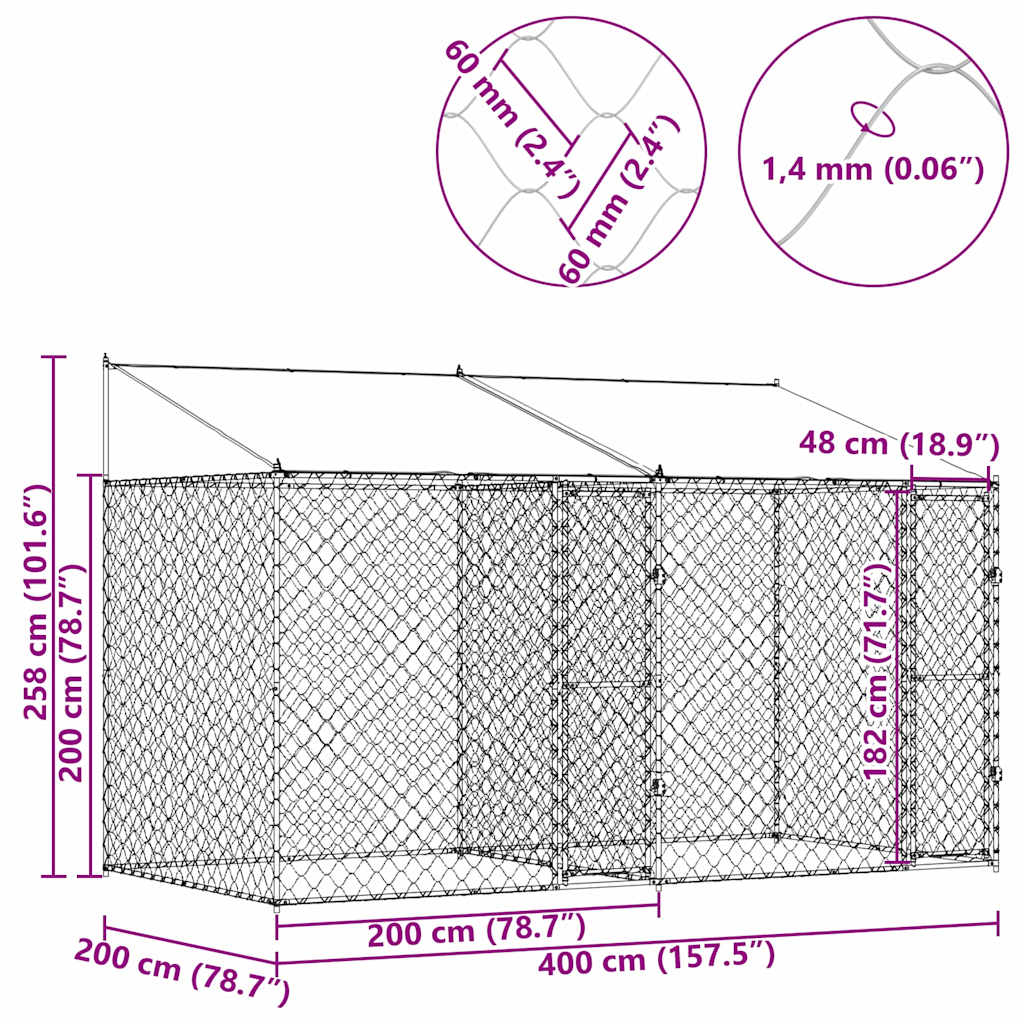 Κλουβί σκύλου Ασημί 400 x 200 x 256 εκ Επικαλυμμένος Χάλυβας