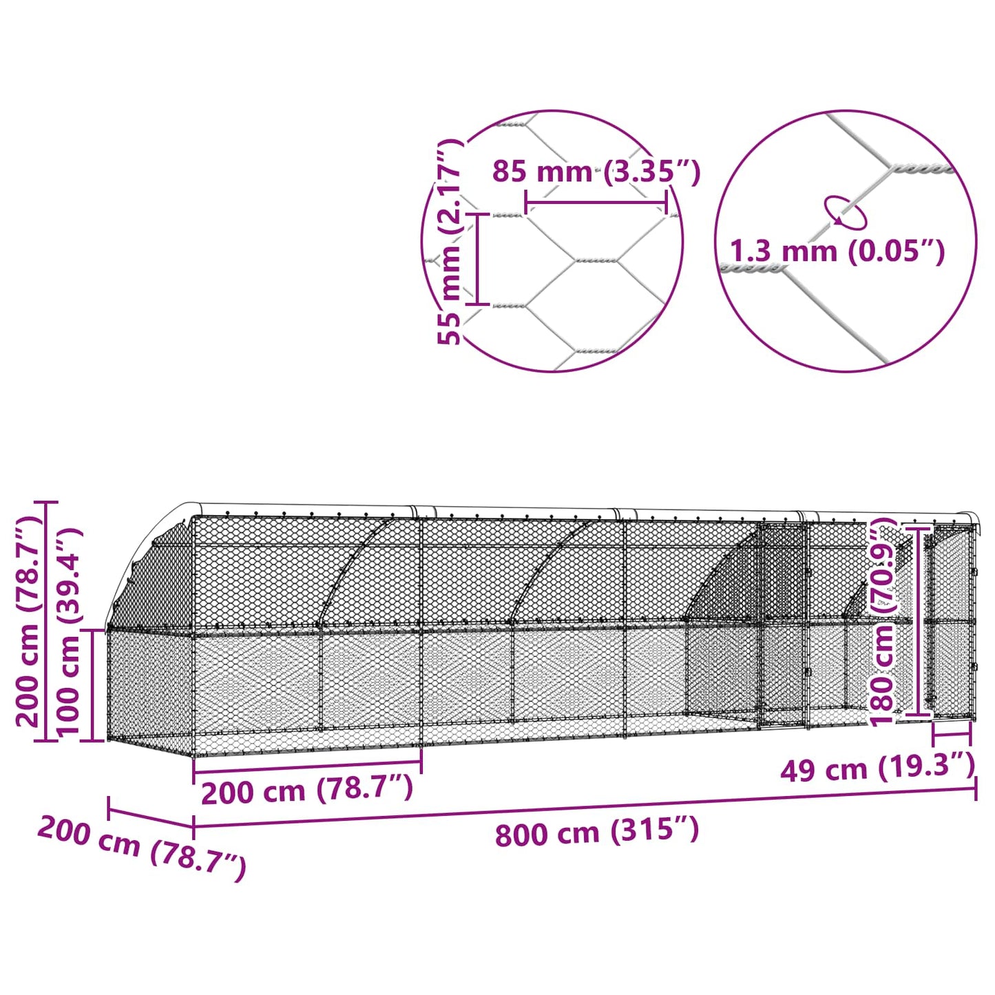 vidaXL Κλουβί Σκύλου με αποθήκευση 4 pcs Ασημί 8 x 2 x 2 m Ατσάλι