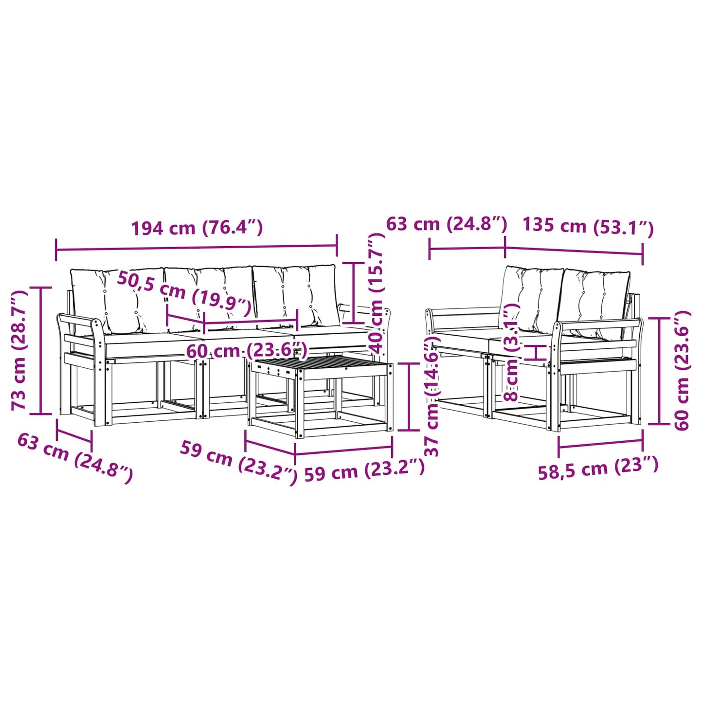 vidaXL Σειρά Καναπέ Εξωτερικού με μαξιλάρι 6 pcs Φυσικό και Μαύρο