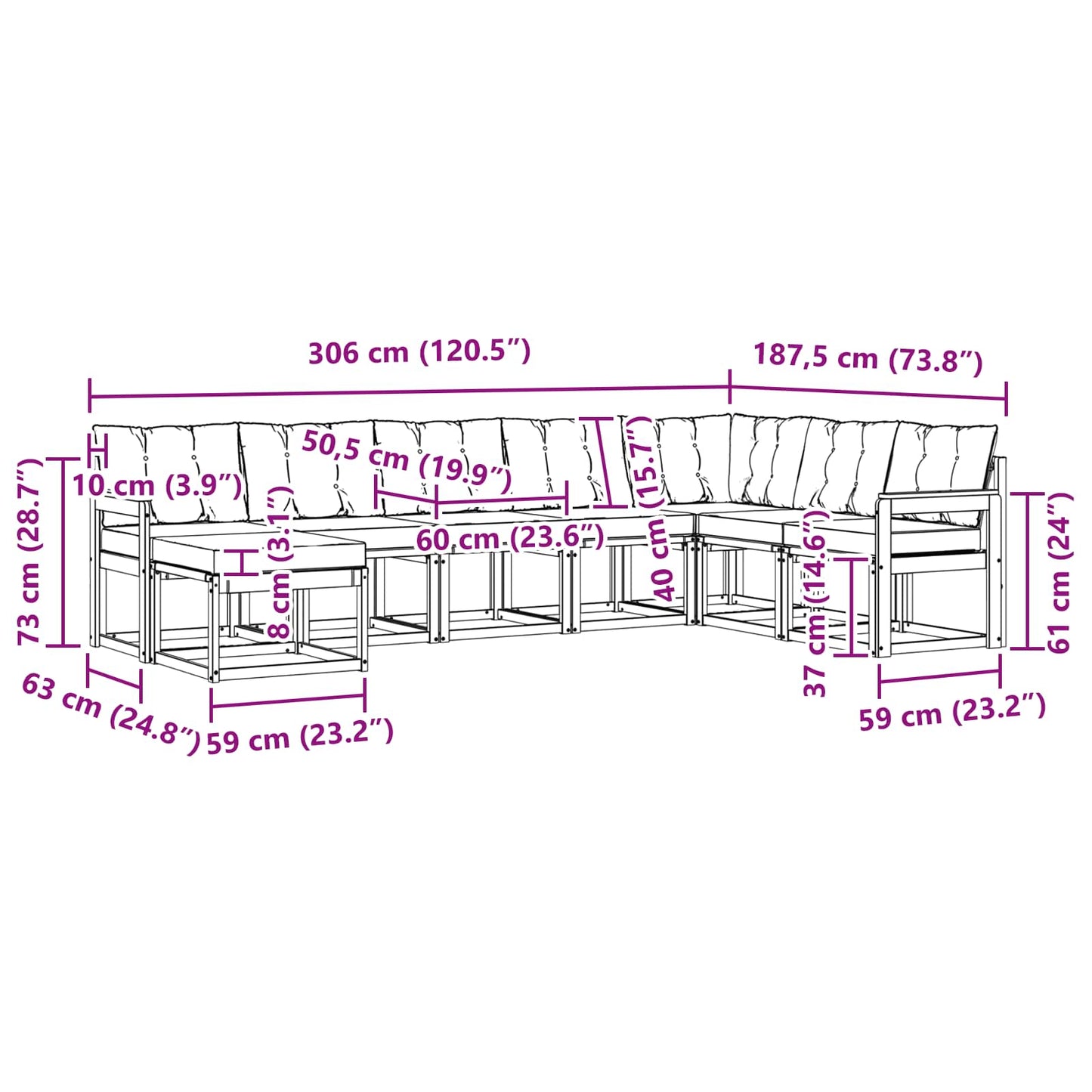 vidaXL Σειρά Καναπέ Εξωτερικού με μαξιλάρι 8 pcs Φυσικό και Μαύρο
