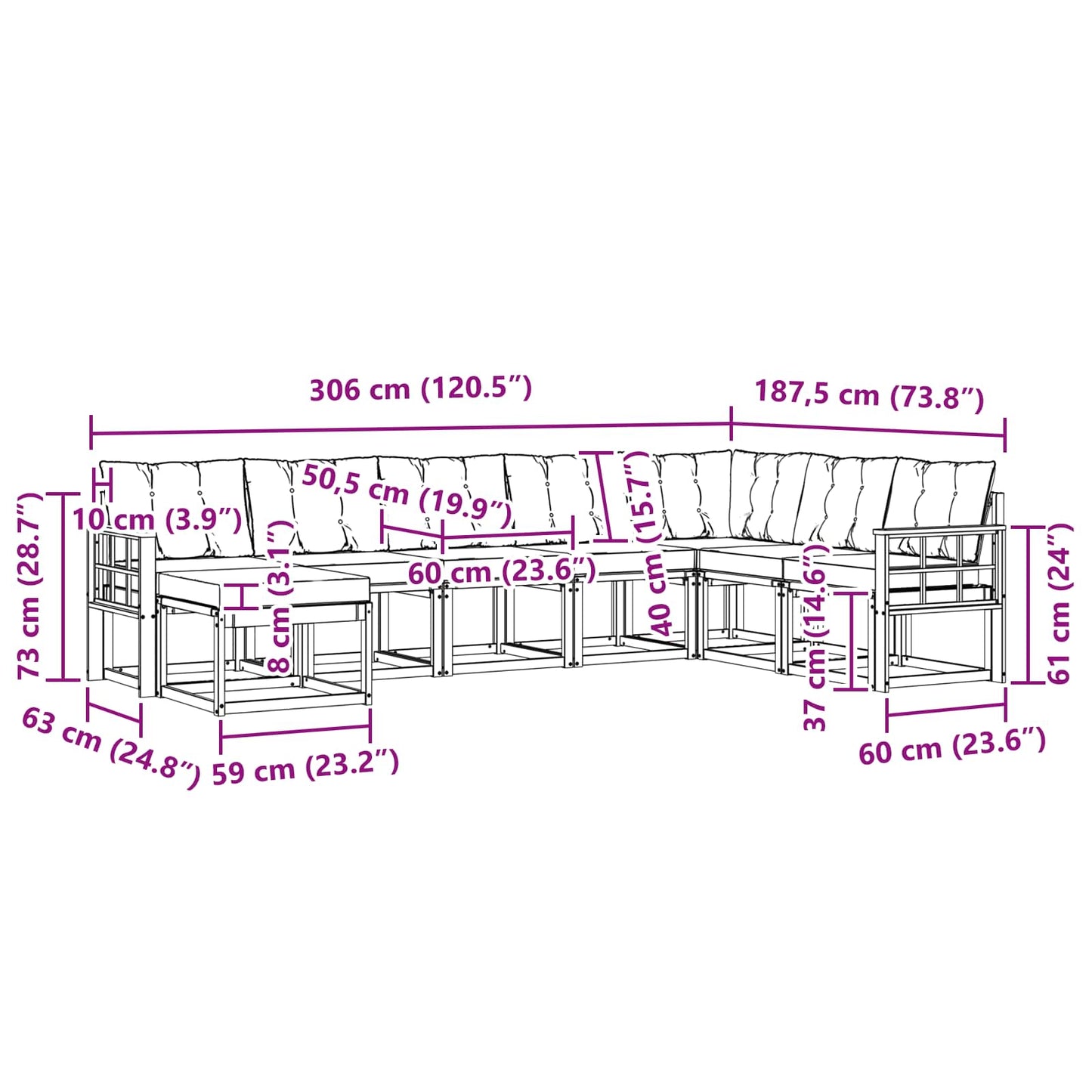 vidaXL Σειρά Καναπέ Εξωτερικού με μαξιλάρι 8 pcs Φυσικό και Μπεζ
