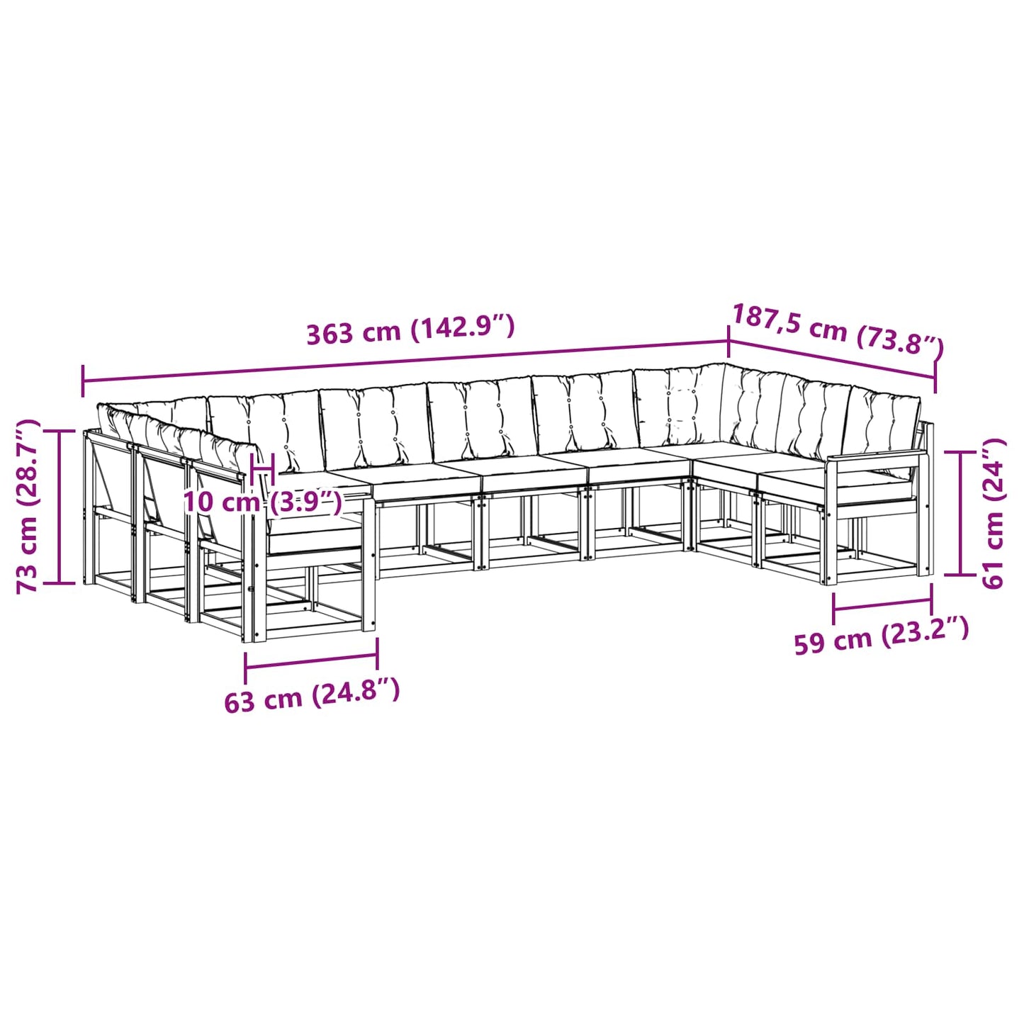 vidaXL Σειρά Καναπέ Εξωτερικού με μαξιλάρι 10 pcs Φυσικό και Κρέμα