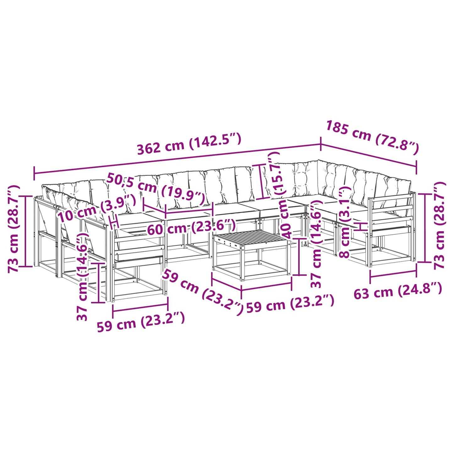 vidaXL Σειρά Καναπέ Εξωτερικού με μαξιλάρι 11 pcs Φυσικό και Μπεζ