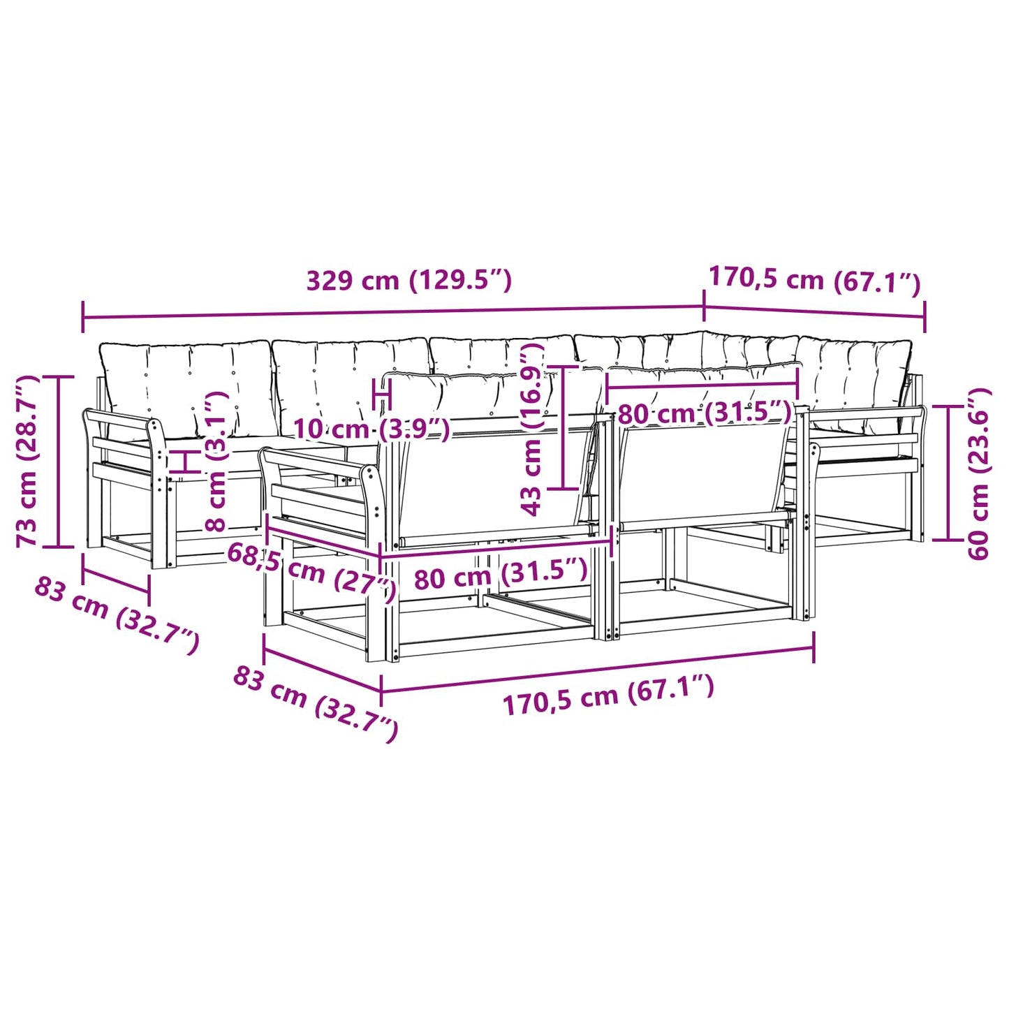 vidaXL Σειρά Καναπέ Εξωτερικού με μαξιλάρι 7 pcs Φυσικό και Μαύρο