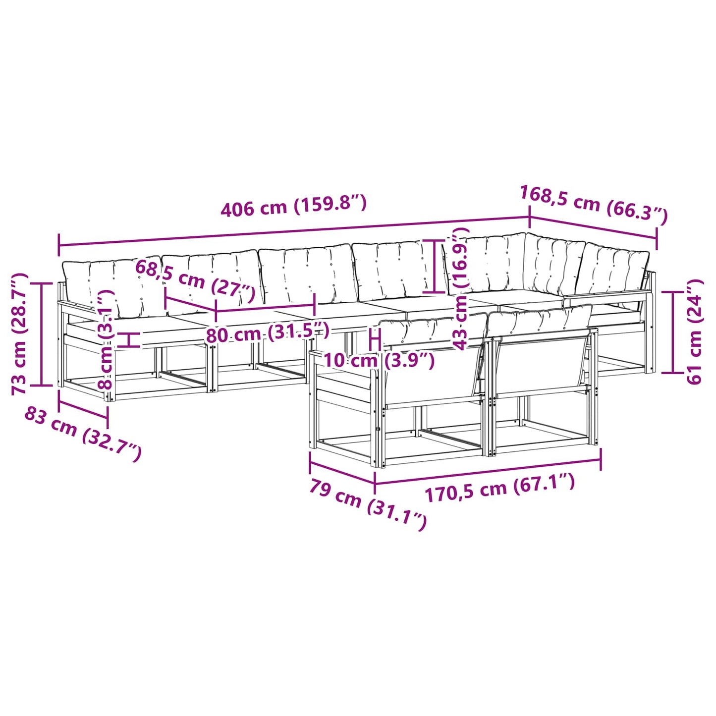 vidaXL Σειρά Καναπέ Εξωτερικού με μαξιλάρι 8 pcs Φυσικό και Κρέμα