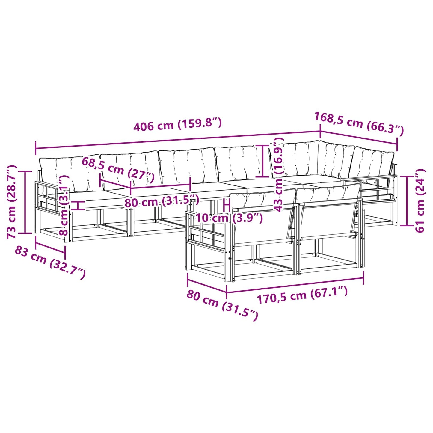 vidaXL Σειρά Καναπέ Εξωτερικού με μαξιλάρι 8 pcs Φυσικό και Μαύρο