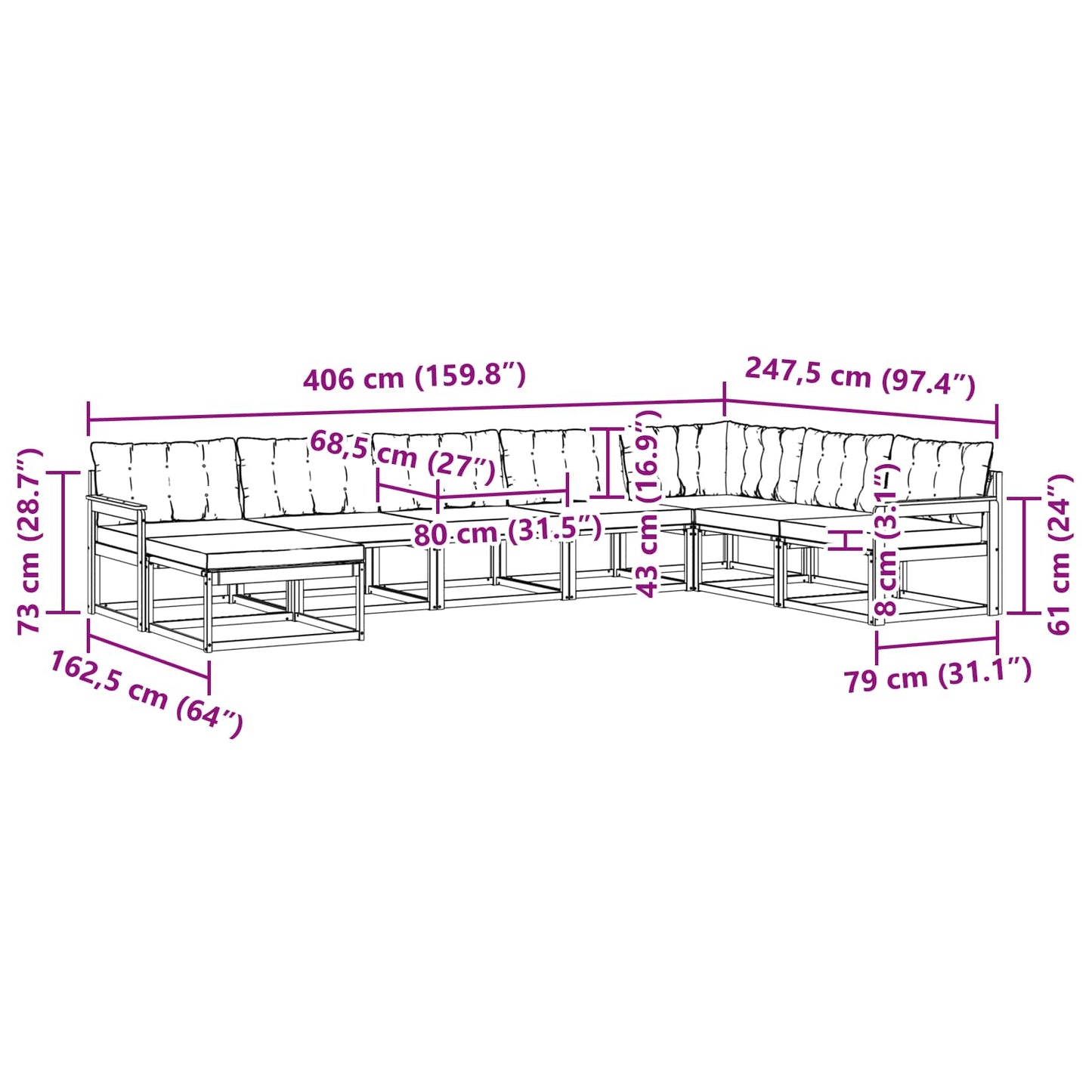 vidaXL Σειρά Καναπέ Εξωτερικού με μαξιλάρι 24 pcs Φυσικό και Μαύρο