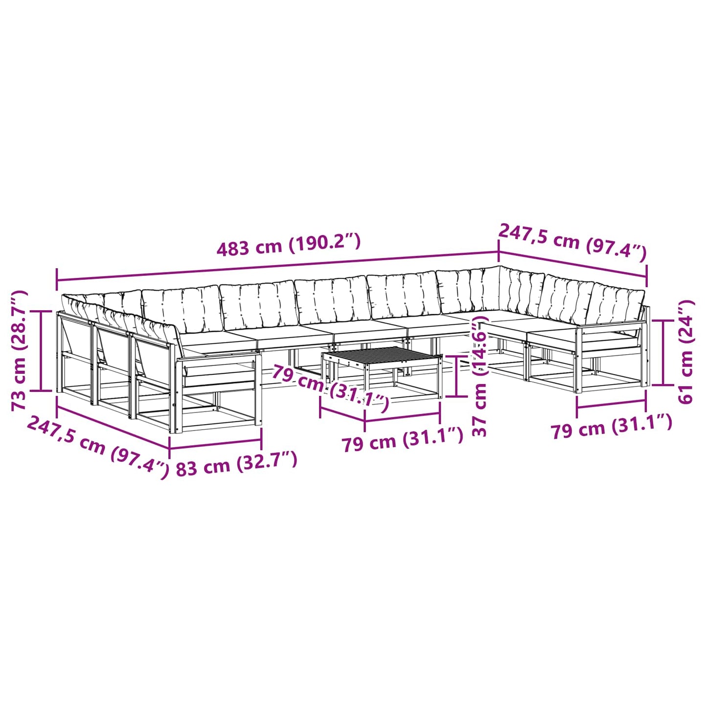 vidaXL Σειρά Καναπέ Εξωτερικού με μαξιλάρι 11 pcs Φυσικό και Μαύρο