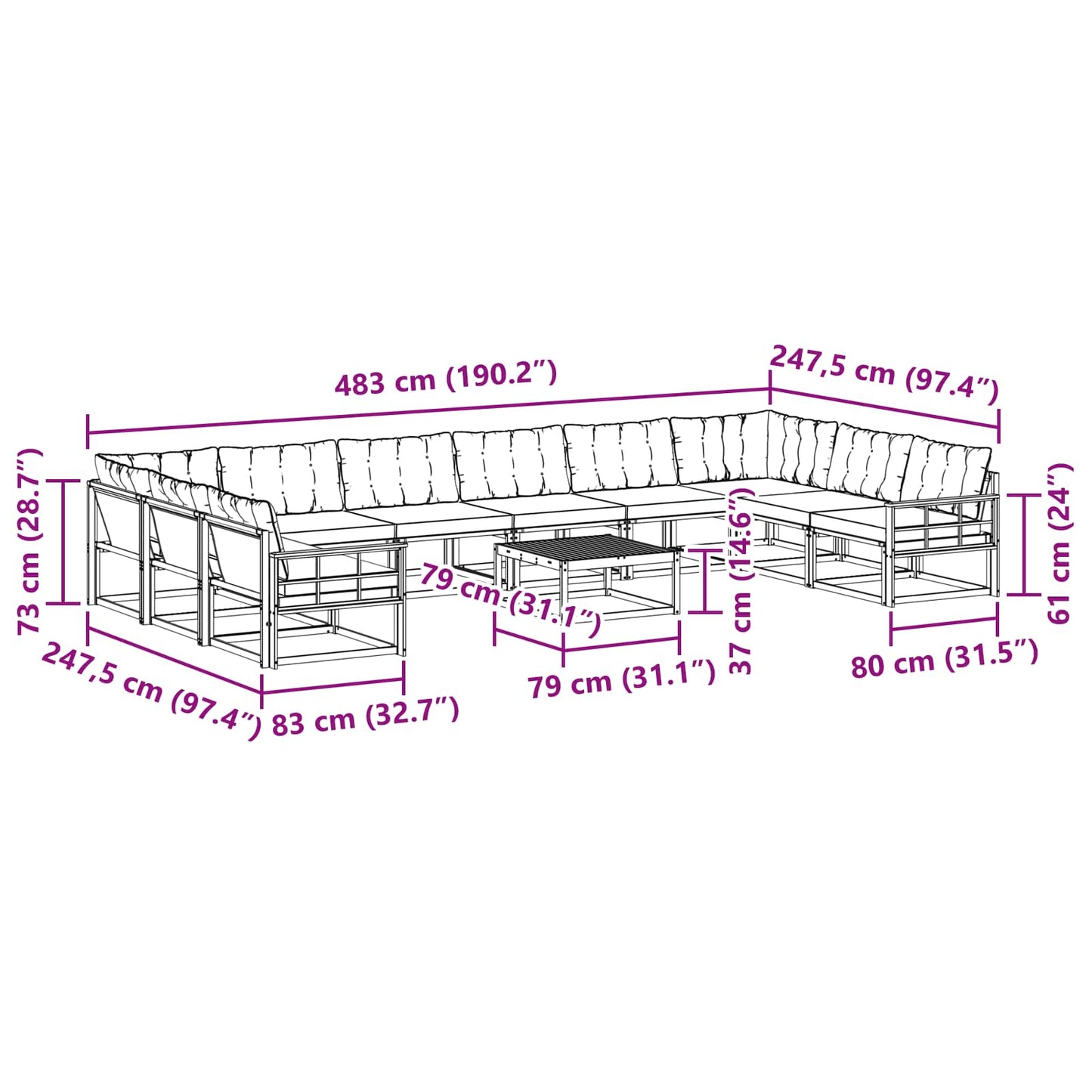 vidaXL Σειρά Καναπέ Εξωτερικού με μαξιλάρι 11 pcs Φυσικό και Κρέμα