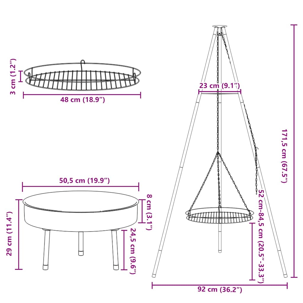 vidaXL Τρίποδο Μαγειρέματος Με Grill Grate Και Τηγάνι Φωτιάς 170 εκ.