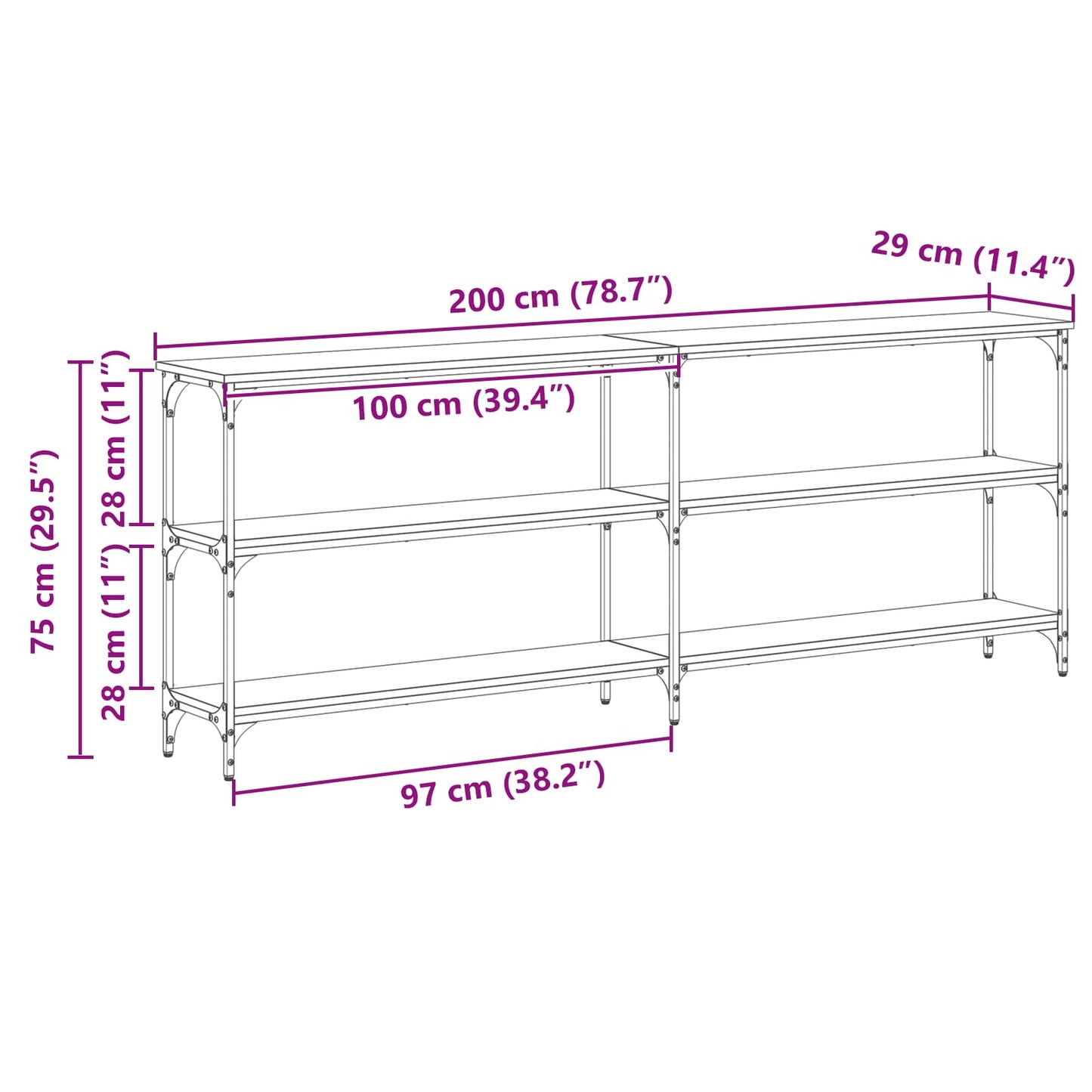 vidaXL Τραπέζι κονσόλας artisan δρυς 200 x 29 x 75 cm