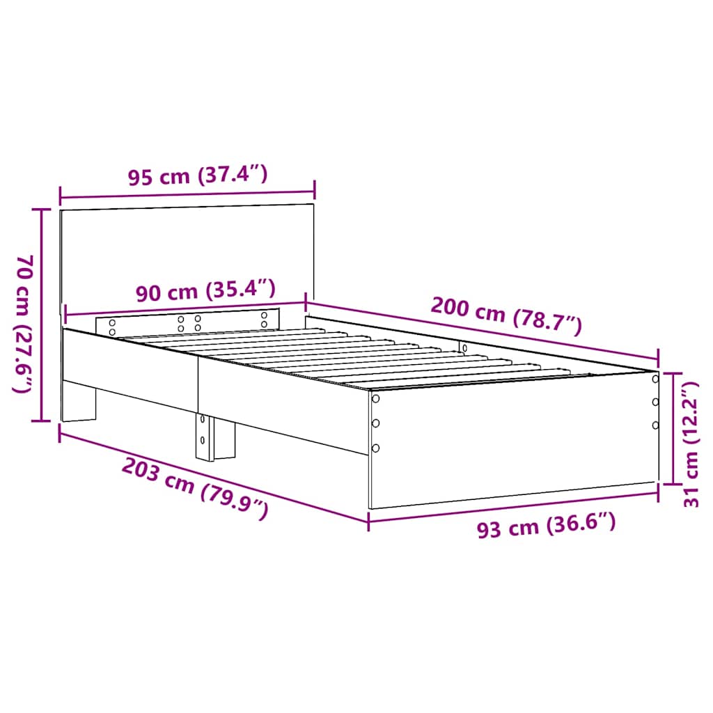 vidaXL Σκελετός Κρεβατιού Παλαιό ξύλο 90 x 200 cm Επεξεργασμένο ξύλο