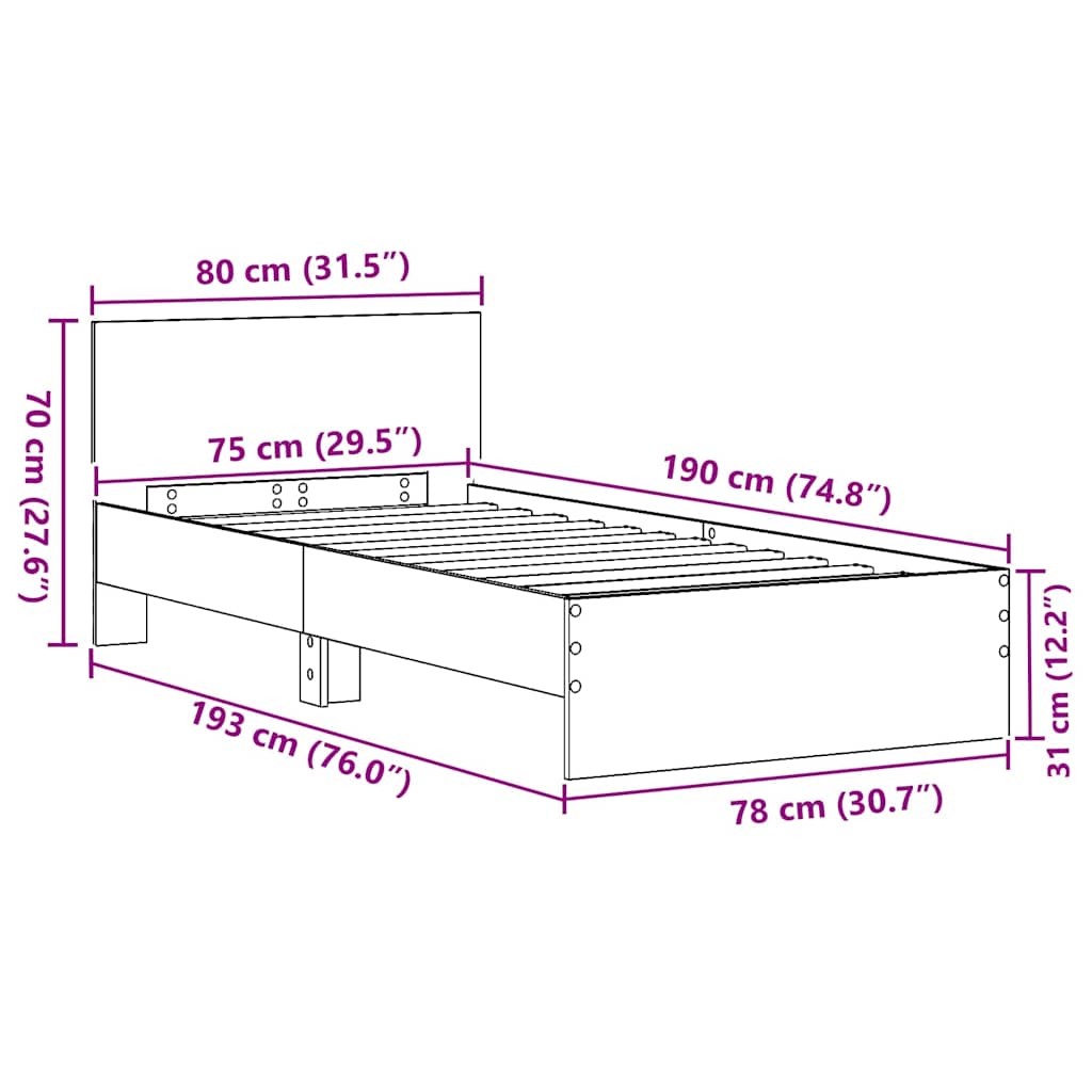 vidaXL Σκελετός Κρεβατιού artisan δρυς 75 x 190 cm Επεξεργασμένο ξύλο
