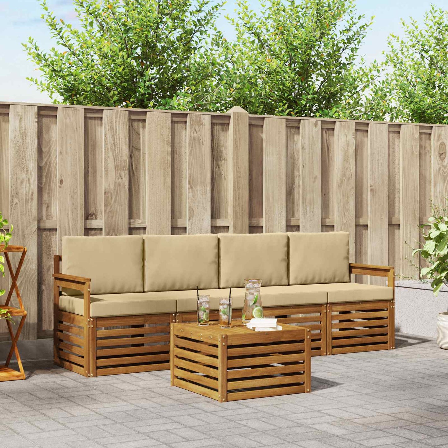 vidaXL Σετ Καναπέ 5 pcs Φυσικό και Μπεζ Στερεό Ξύλο Ακακίας