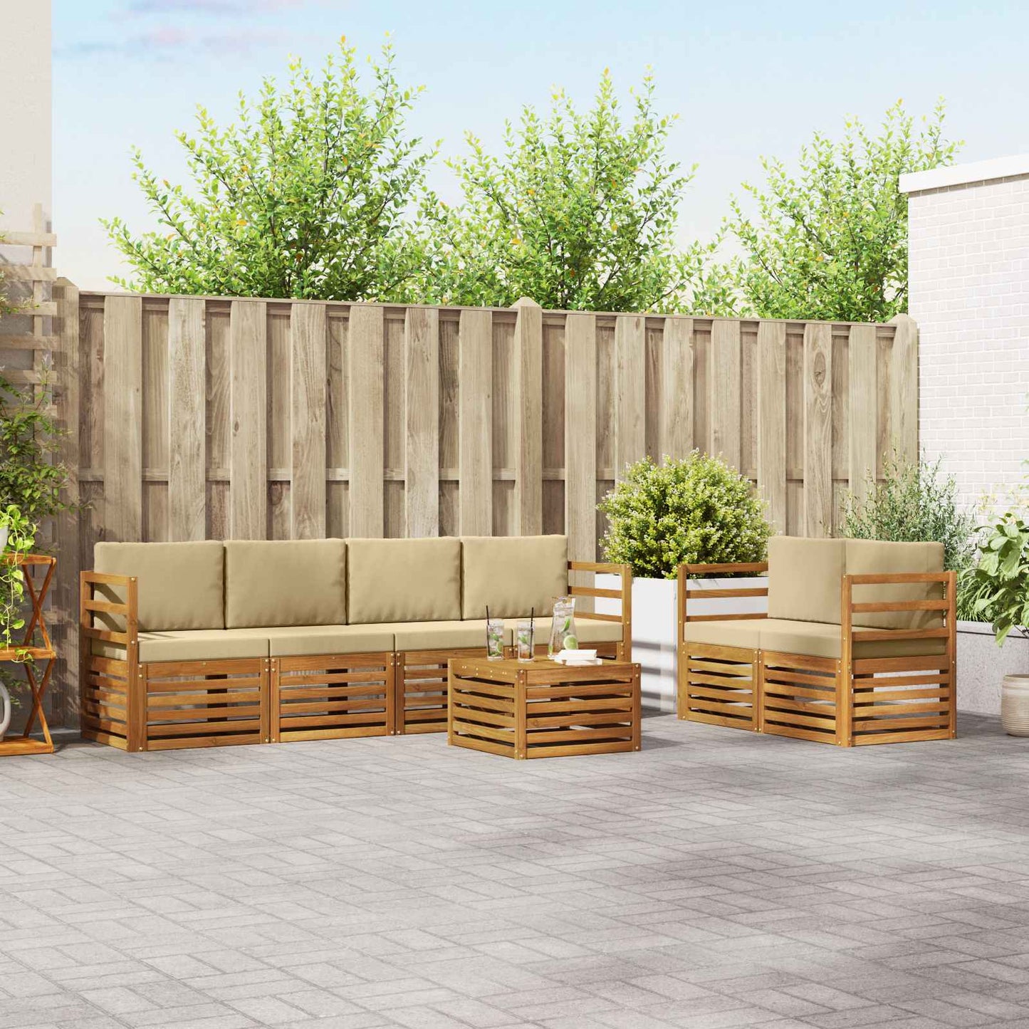 vidaXL Σειρά Καναπέ Εξωτερικού με μαξιλάρι 7 pcs Φυσικό και Μπεζ