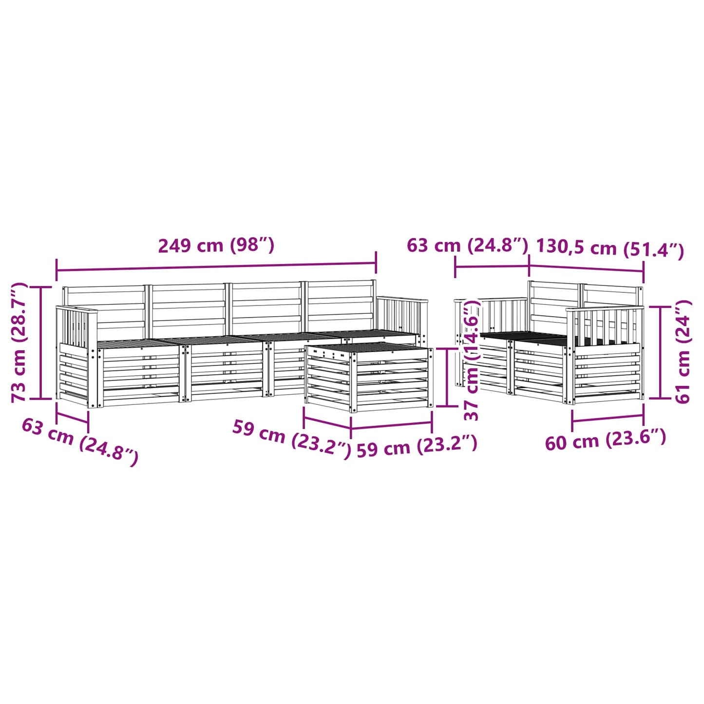 vidaXL Σειρά Καναπέ Εξωτερικού 7 pcs Φυσικό Στερεό Ξύλο Ακακίας