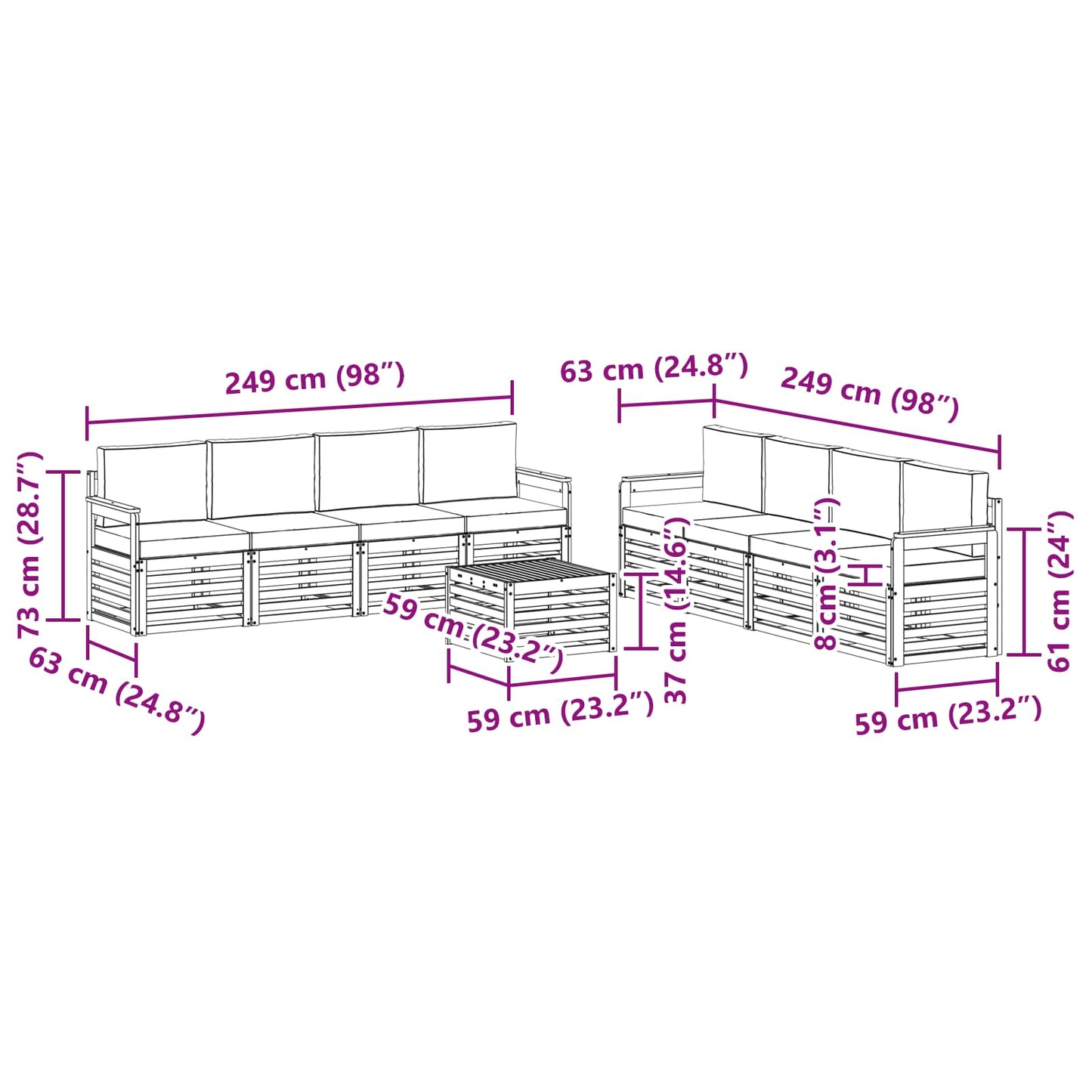 vidaXL Σετ Καναπέ 9 pcs Φυσικό και Ανοιχτό Γκρι Στερεό Ξύλο Ακακίας