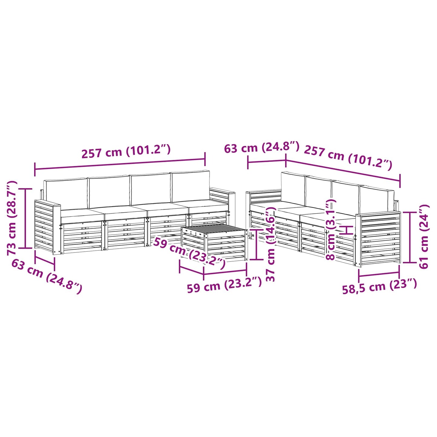 vidaXL Σετ Καναπέ 9 pcs Φυσικό και Μπεζ Στερεό Ξύλο Ακακίας