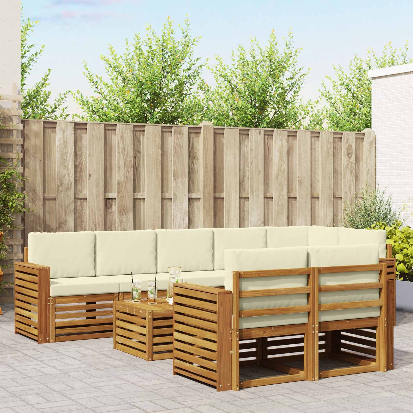 vidaXL Σετ Καναπέ 9 pcs Φυσικό και Κρέμα Στερεό Ξύλο Ακακίας