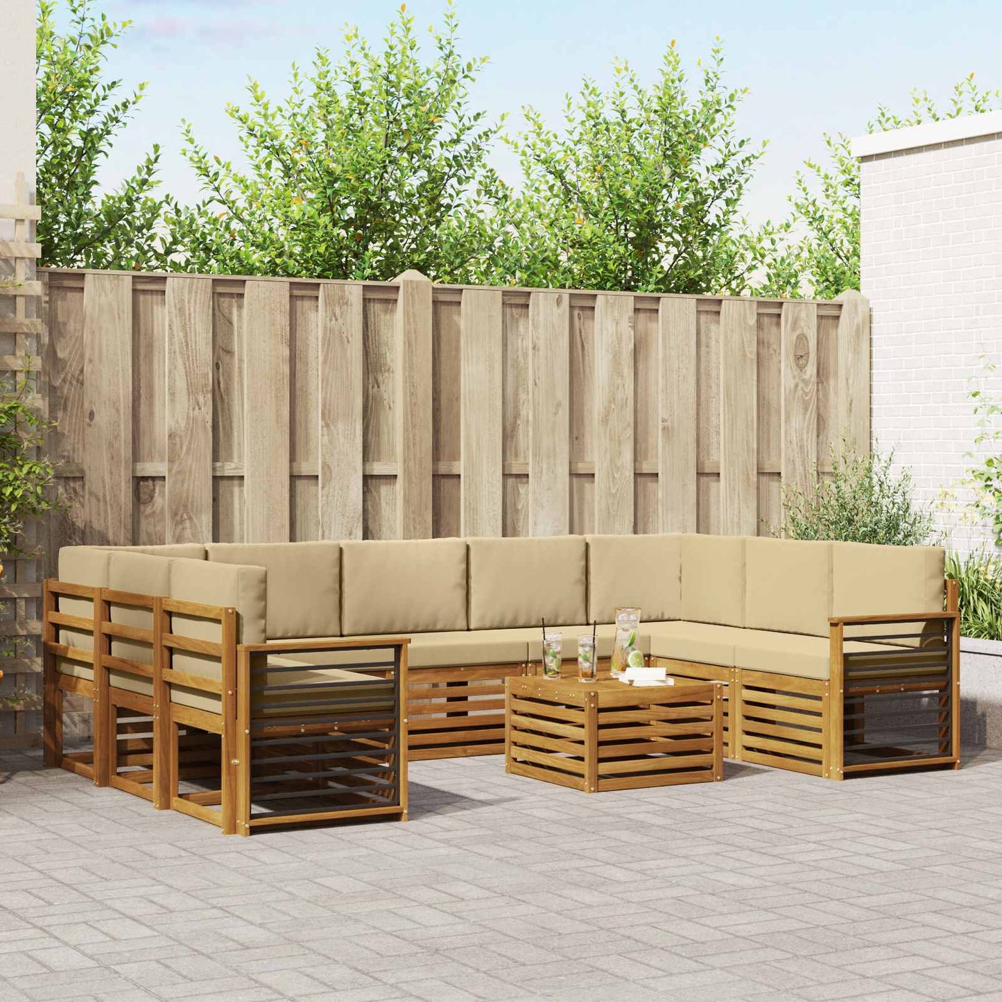 vidaXL Σετ Καναπέ 10 pcs Φυσικό και Μπεζ Στερεό Ξύλο Ακακίας