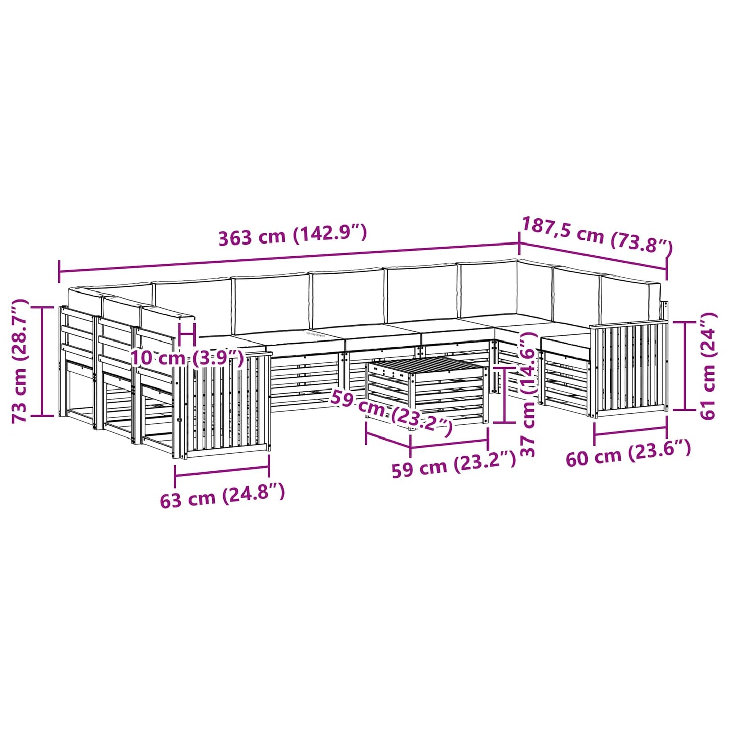 vidaXL Σειρά Καναπέ Εξωτερικού με μαξιλάρι 11 pcs Φυσικό και Ανθρακί