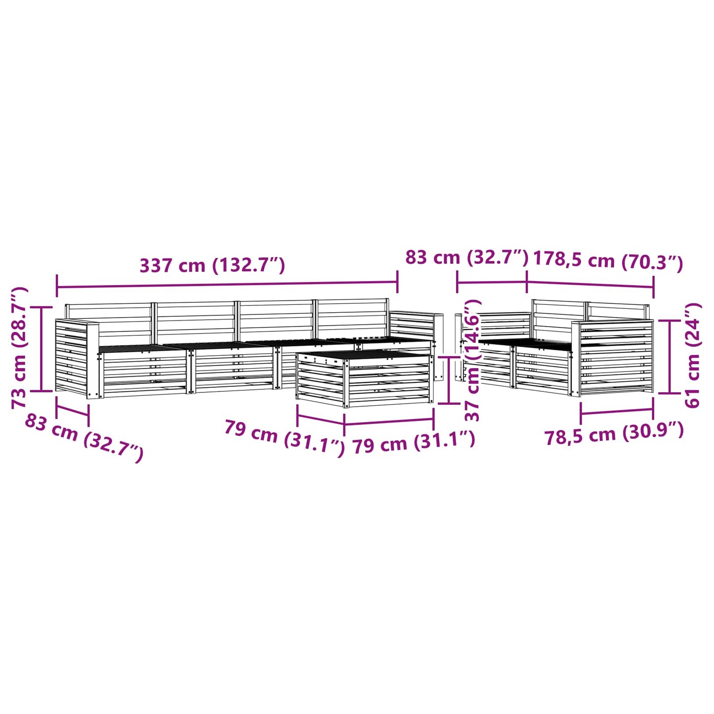 vidaXL Σειρά Καναπέ Εξωτερικού 7 pcs Φυσικό Στερεό Ξύλο Ακακίας