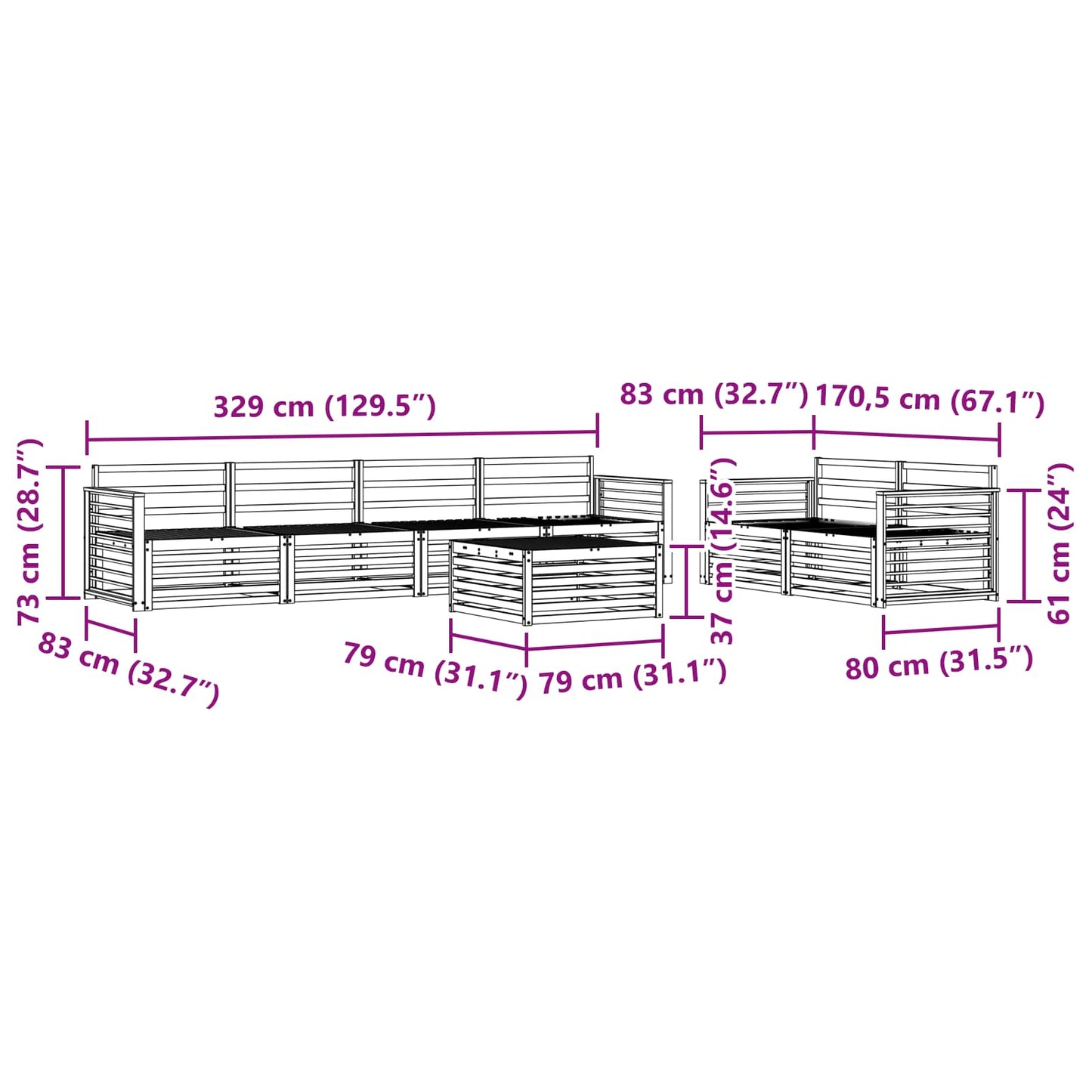 vidaXL Σειρά Καναπέ Εξωτερικού 7 pcs Φυσικό Στερεό Ξύλο Ακακίας