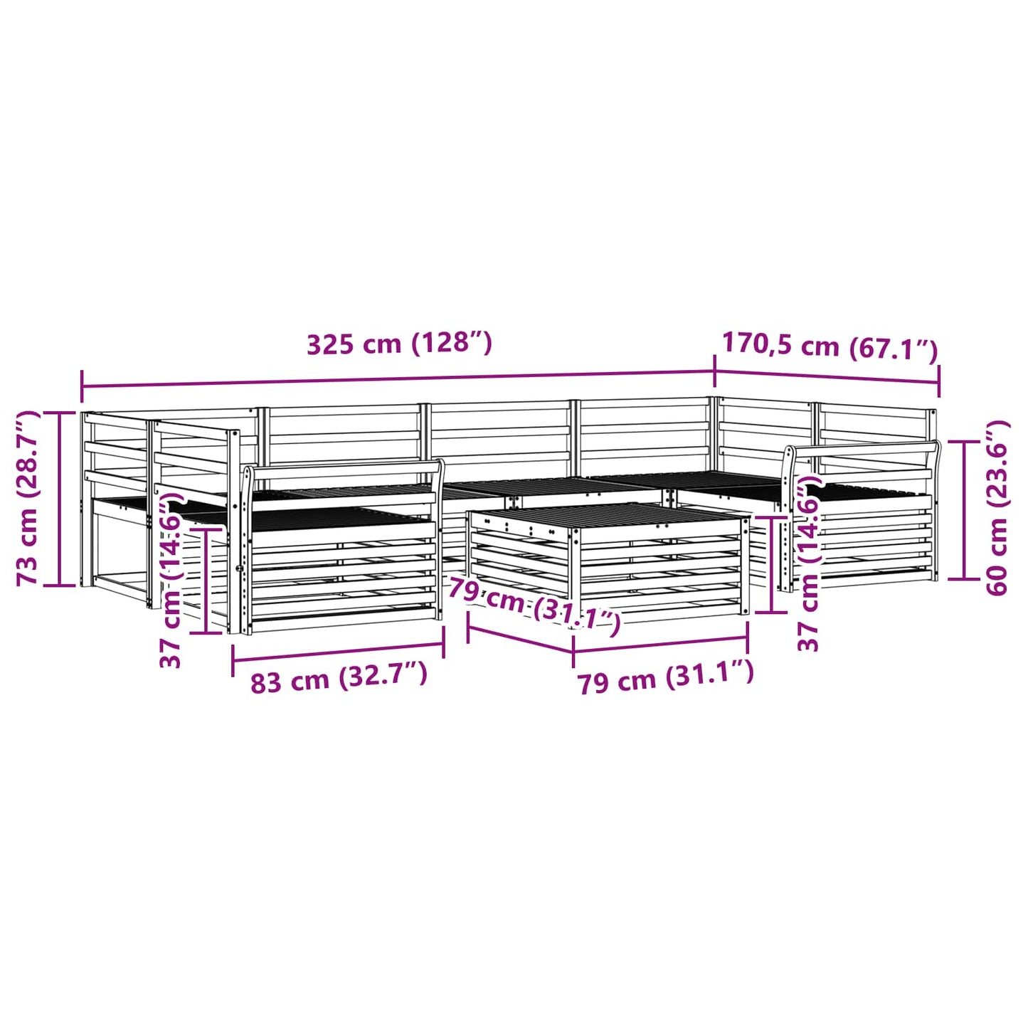 vidaXL Σειρά Καναπέ Εξωτερικού 7 pcs Φυσικό Στερεό Ξύλο Ακακίας