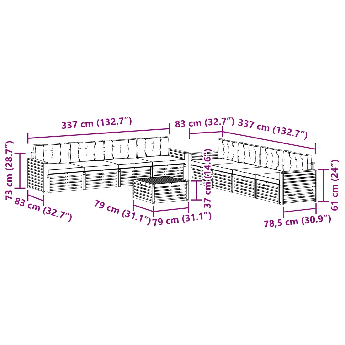 vidaXL Σειρά Καναπέ Εξωτερικού με μαξιλάρι 9 pcs Φυσικό και Μπεζ
