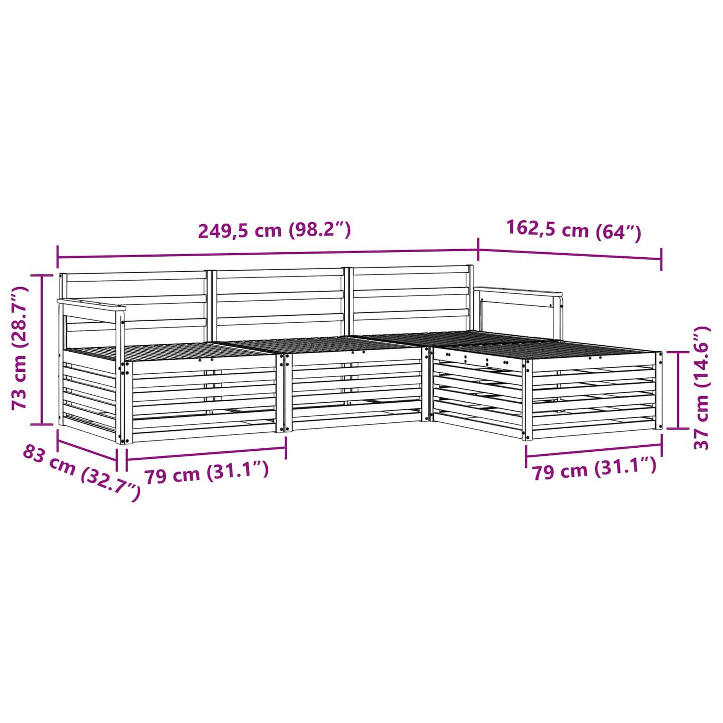 vidaXL Σειρά Καναπέ Εξωτερικού Φυσικό 249,5 x 162,5 x 73 εκ