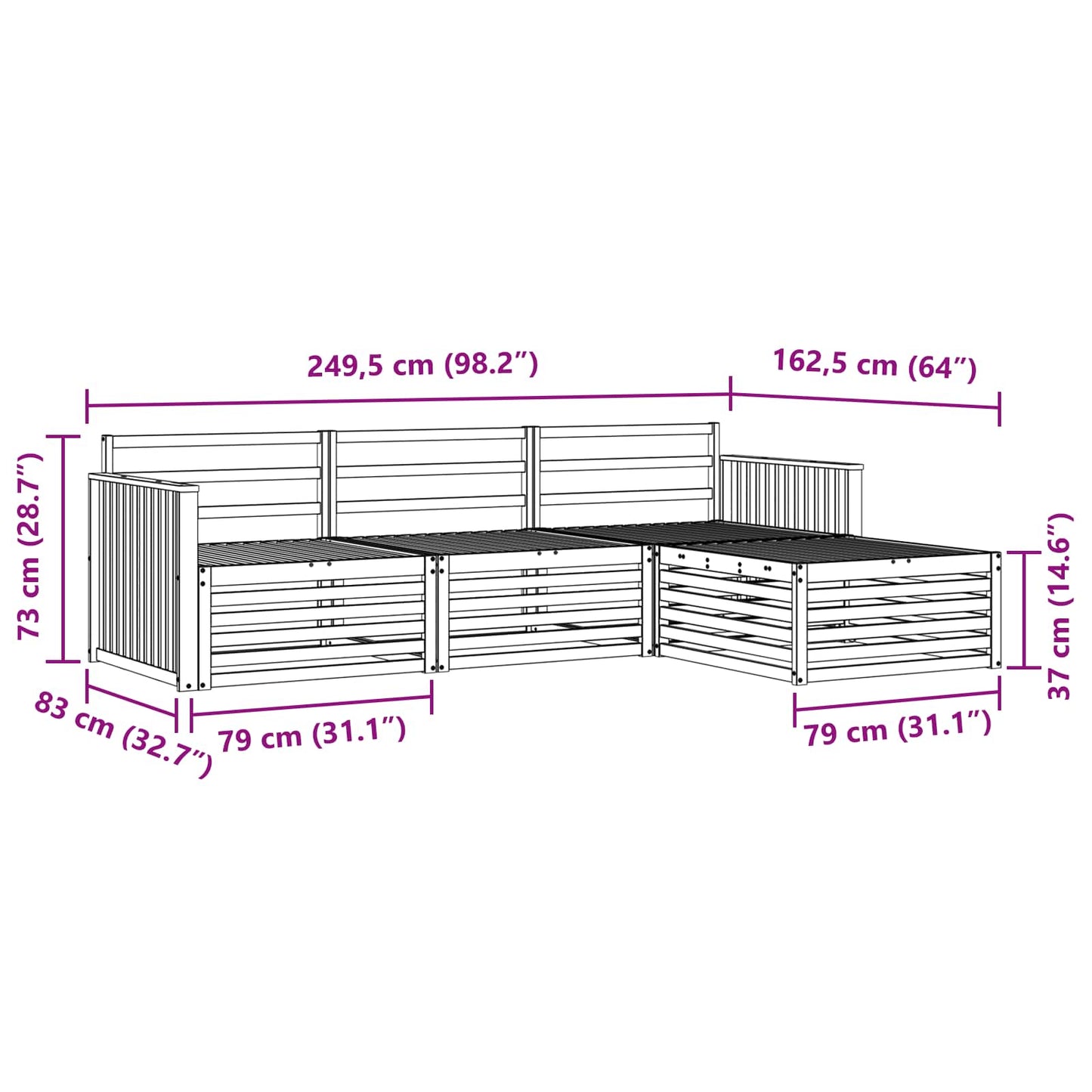 vidaXL Σειρά Καναπέ Εξωτερικού Φυσικό 249,5 x 162,5 x 73 εκ