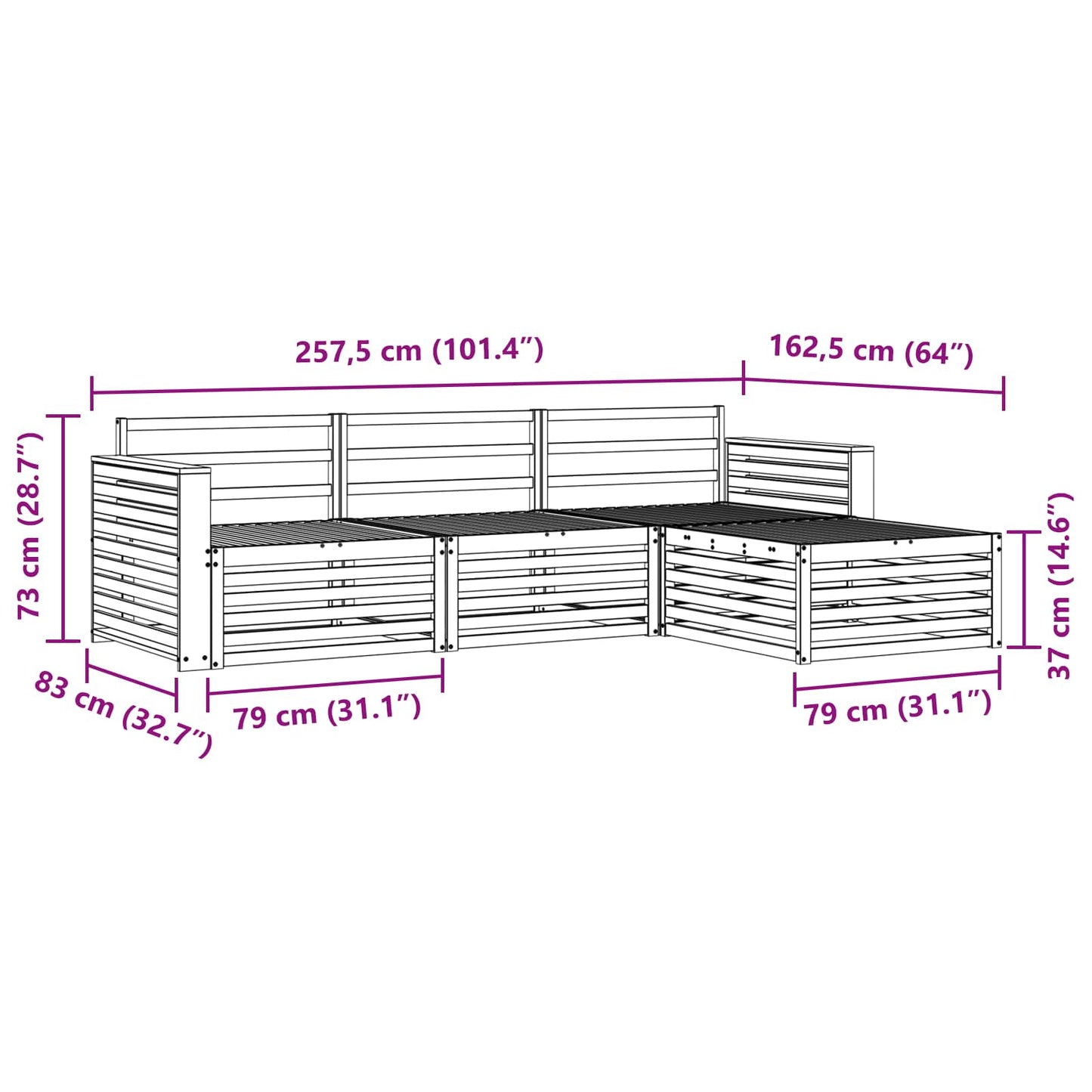 vidaXL Σειρά Καναπέ Εξωτερικού Φυσικό 257,5 x 162,5 x 73 εκ