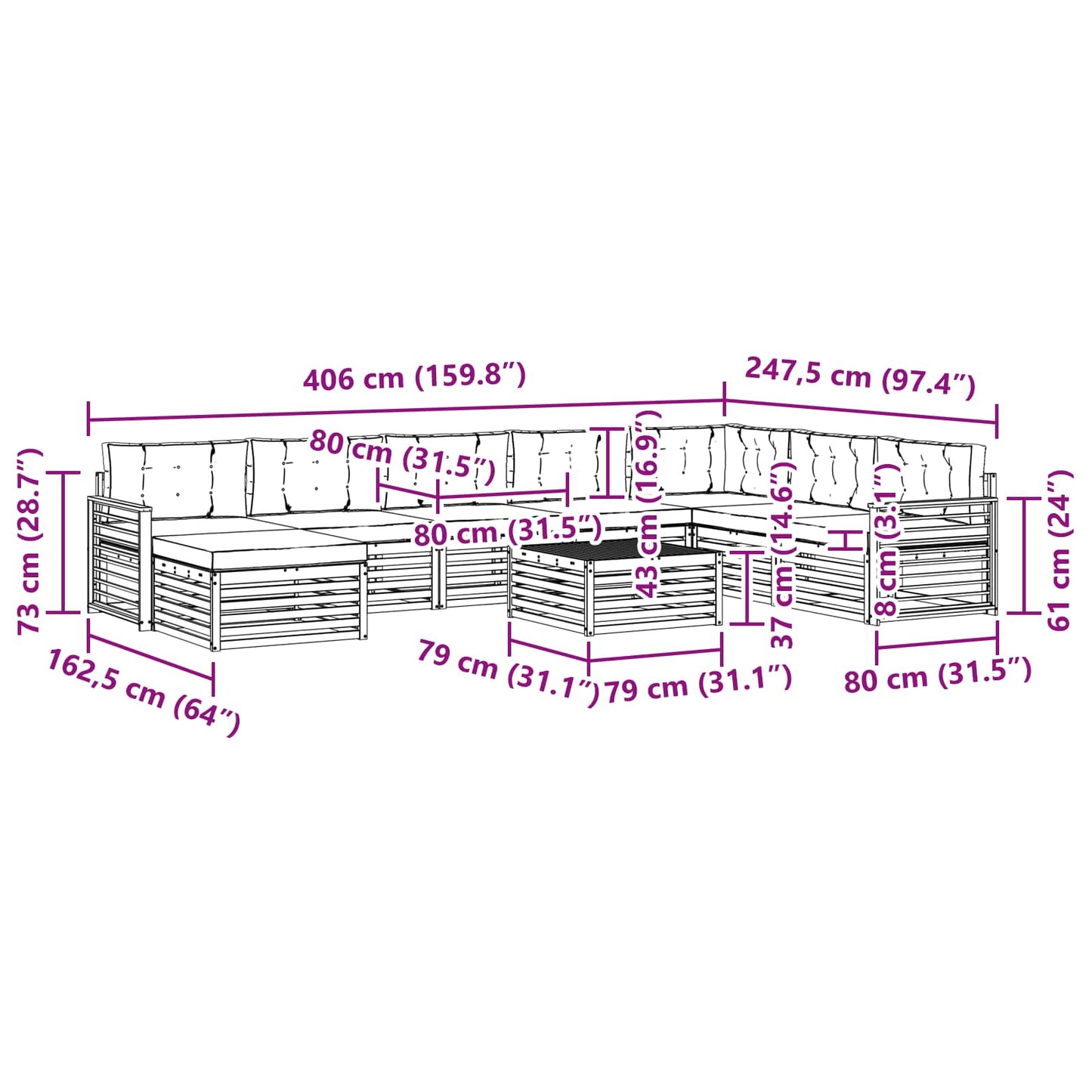 vidaXL Σειρά Καναπέ Εξωτερικού με μαξιλάρι 9 pcs Φυσικό και Ανθρακί