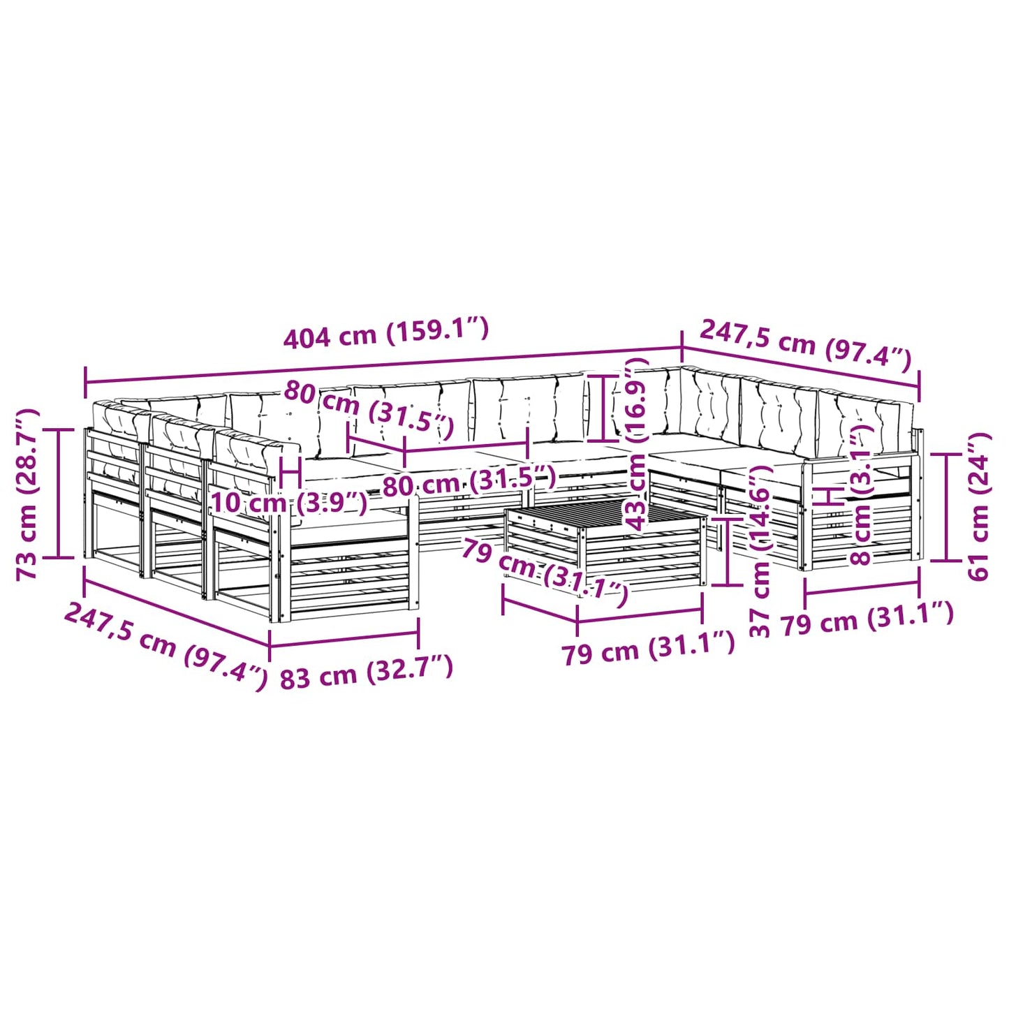 vidaXL Σειρά Καναπέ Εξωτερικού με μαξιλάρι 10 pcs Φυσικό και Ανθρακί