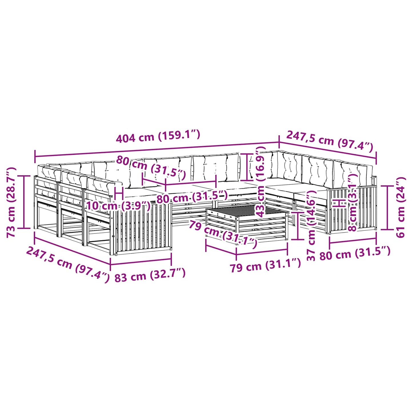 vidaXL Σειρά Καναπέ Εξωτερικού με μαξιλάρι 10 pcs Φυσικό και Ανθρακί