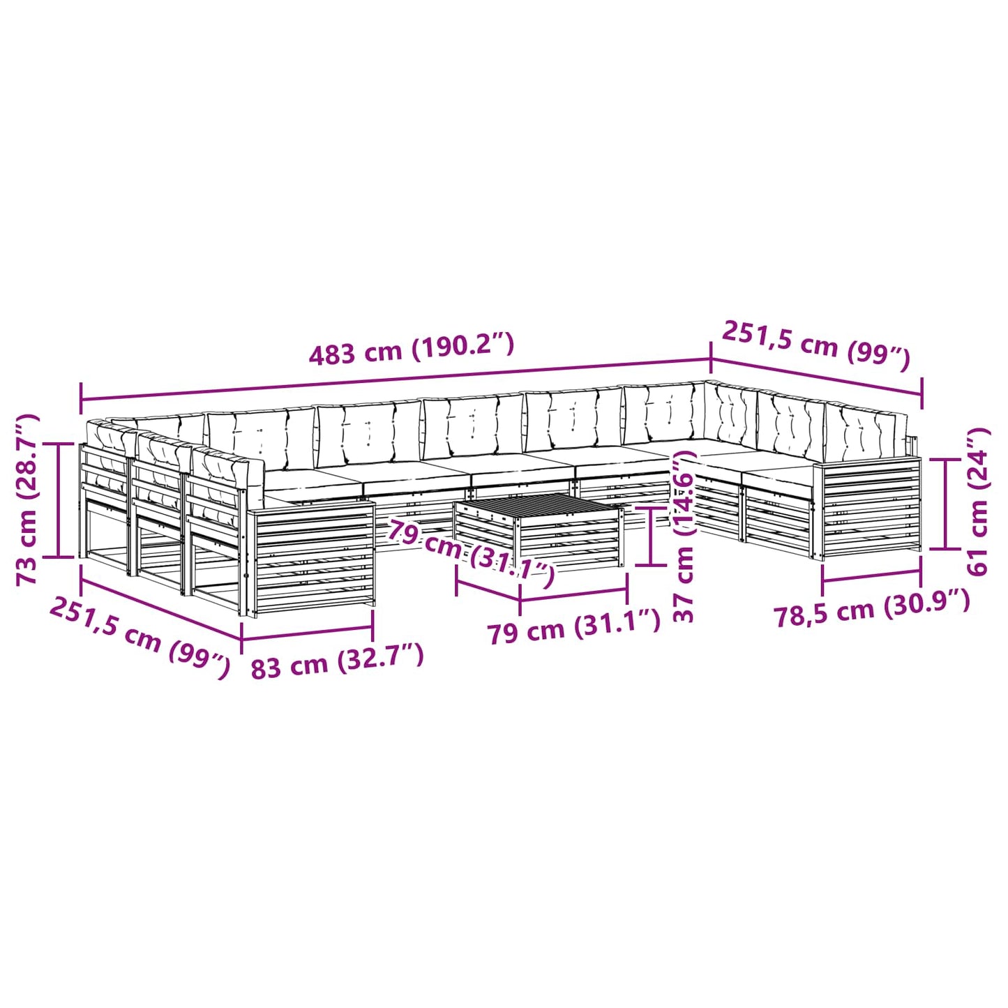 vidaXL Σετ Καναπέ 11 pcs Φυσικό και Μπεζ Στερεό Ξύλο Ακακίας